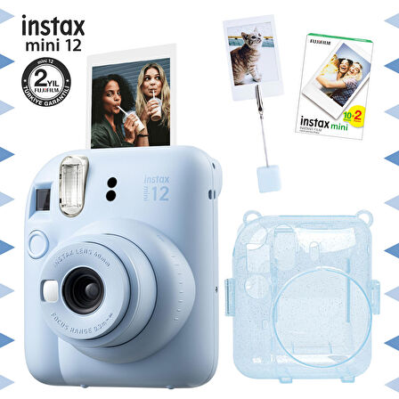 Instax mini 12 Mavi Fotoğraf Makinesi-20'li Film-Kıskaçlı Resim Standı ve Simli Pleksi Kılıf Seti