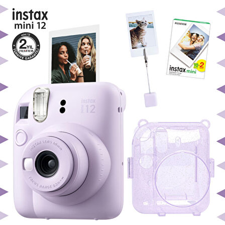 Instax mini 12 Lila Fotoğraf Makinesi-20'li Film-Kıskaçlı Resim Standı ve Simli Pleksi Kılıf Seti