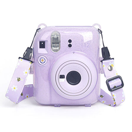 Instax mini 12 Lila Fotoğraf Makinesi-20'li Film-Kıskaçlı Resim Standı ve Simli Pleksi Kılıf Seti