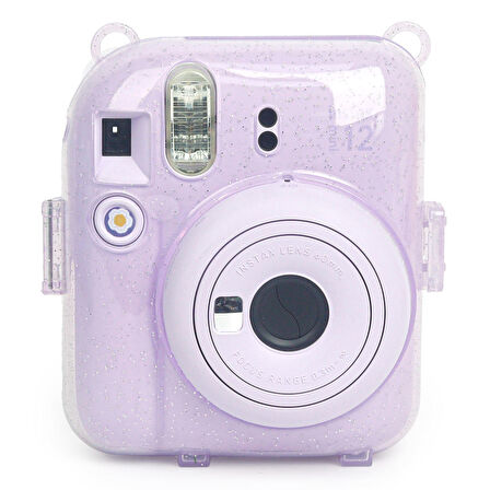 Instax mini 12 Lila Fotoğraf Makinesi-20'li Film-Kıskaçlı Resim Standı ve Simli Pleksi Kılıf Seti