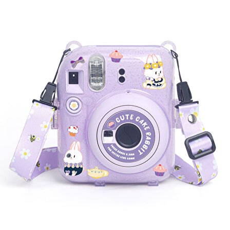 Instax mini 12 Lila Fotoğraf Makinesi-20'li Film-Kıskaçlı Resim Standı ve Simli Pleksi Kılıf Seti