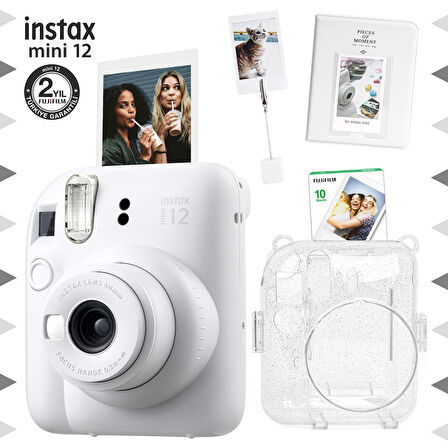 Instax mini 12 Beyaz Fotoğraf Makinesi-10'lu Film-Kıskaçlı Stand-PVC Albüm ve Simli Pleksi Kılıf Seti