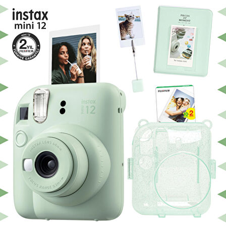 Instax mini 12 Yeşil Fotoğraf Makinesi-20'li Film-Kıskaçlı Stand-PVC Albüm ve Simli Pleksi Kılıf Seti