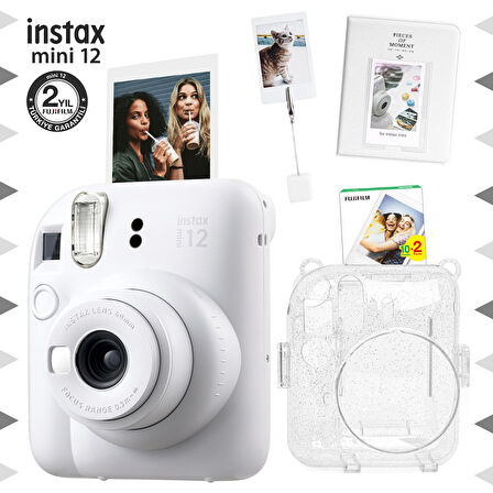 Instax mini 12 Beyaz Fotoğraf Makinesi-20'li Film-Kıskaçlı Stand-PVC Albüm ve Simli Pleksi Kılıf Seti