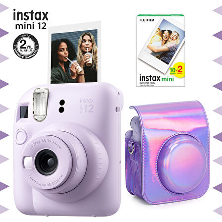 Instax mini 12 Lila Fotoğraf Makinesi-20'li Film ve Parlak Kılıf Seti