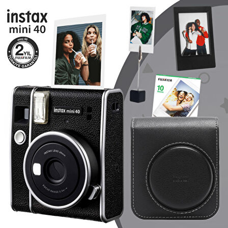 Instax Mini 40 Fotoğraf Makinası-10lu Film-Deri Kılıf-Çerçeve ve Kıskaçlı Foto Stand