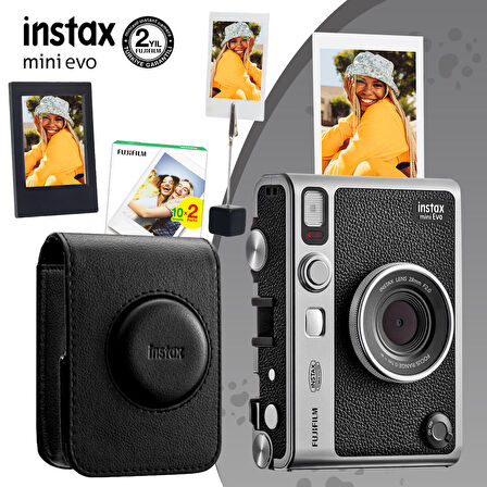 Instax Mini Evo Siyah Fotoğraf Makinesi 20li Film Deri Kılıf Çerçeve ve Kıskaçlı Stand