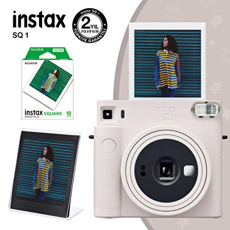 Instax SQ1 Beyaz Fotoğraf Makinesi 10lu Kare Film ve Pleksi Çerçeve