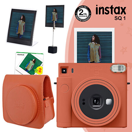 Instax SQ1 Terracotta Turuncu Fotoğraf Makinesi 20li Kare Film Deri Kılıf Pleksi Çerçeve ve Kıskaçlı Stand