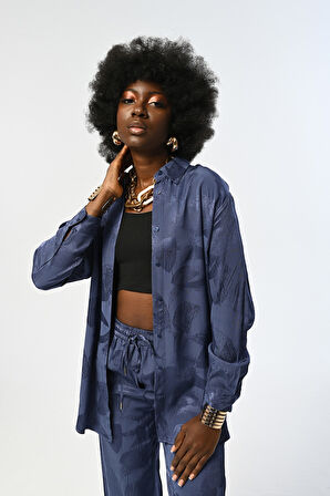 Kadın İndigo Renk Çiçek Ve Yaprak Desenli Oversize Tesettür Gömlek