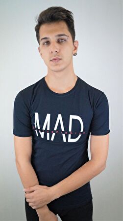 Erkek Baskılı Mad Lacivert Tişört