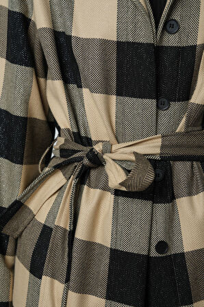 Kadın Ekose Desenli Tek Cepli Kuşaklı Tesettür Gömlek-Ceket