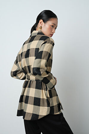 Kadın Ekose Desenli Tek Cepli Kuşaklı Tesettür Gömlek-Ceket