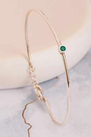 Kadın Gümüş Bileklik - Kadın Kelepçe - El Yapımı Gümüş Hakiki Zümrüt Taşlı Zarif Kadın Bileklik