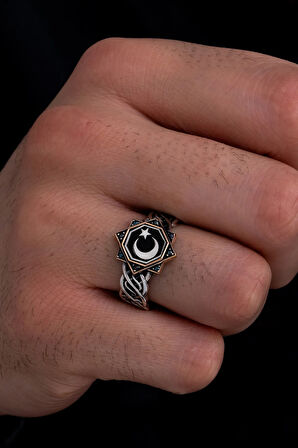 Erkek Gümüş Yüzük - Ay Yıldız Türk Bayrağı Motifli İnce Kibar Erkek Yüzüğü Model 2