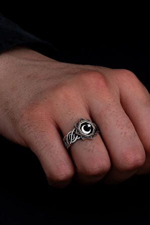 Erkek Gümüş Yüzük - Ay Yıldız Türk Bayrağı Motifli İnce Kibar Erkek Yüzüğü Model 2