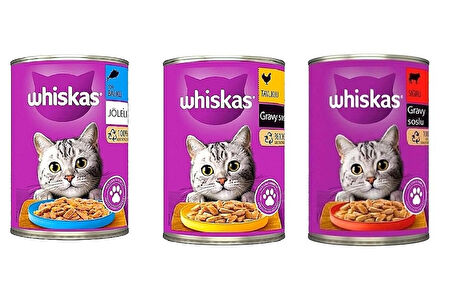 Whiskas Tavuklu Ton Balıklı Sığır Etli Yaş Kedi Maması Konserve 400 gr X 3 Adet