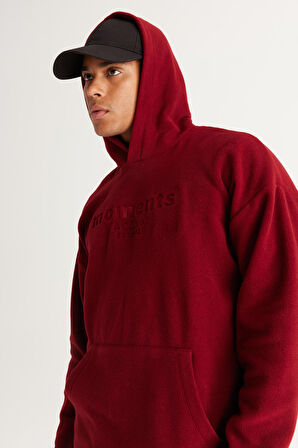 Erkek Bordo Oversize Bol Kesim Kapüşonlu Polar