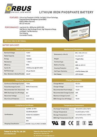 Orbus 12.8 V Volt 100 Amper Lityum Lifepo4 Akü