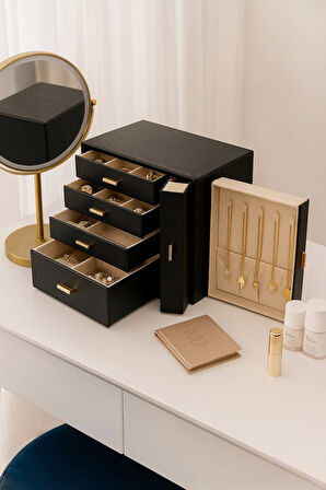 Dışı Deri İçi Kadife 6 Çekmeceli Takı Bijuteri Mücevher Kutusu Organizer Düzenleyici Siyah İthal Ürün