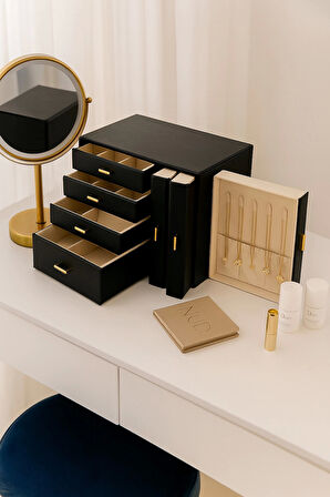 Dışı Deri İçi Kadife 6 Çekmeceli Takı Bijuteri Mücevher Kutusu Organizer Düzenleyici Siyah İthal Ürün