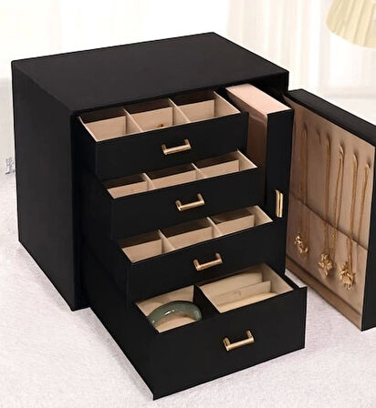 Dışı Deri İçi Kadife 6 Çekmeceli Takı Bijuteri Mücevher Kutusu Organizer Düzenleyici Siyah İthal Ürün