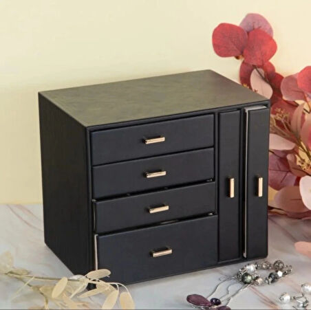 Dışı Deri İçi Kadife 6 Çekmeceli Takı Bijuteri Mücevher Kutusu Organizer Düzenleyici Siyah İthal Ürün