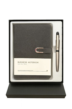 Kumaş Mıknatıs Kapaklı Kalemli Ajanda Günlük Not Defteri Notebook Gri