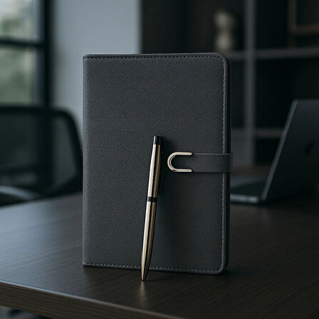 Kumaş Mıknatıs Kapaklı Kalemli Ajanda Günlük Not Defteri Notebook Gri