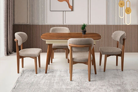 Çınar Ahşap Salon Yemek Masa Sandalye Takımı Nergis 4 Sandalyeli Ortadan Açılır Büyüyen Ceviz 90x170cm