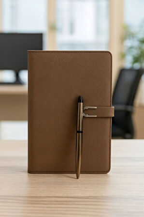 Kumaş Mıknatıs Kapaklı Kalemli Ajanda Günlük Not Defteri Notebook Kahve