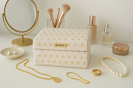 Dekoratif Kadife Takı Bijuteri Mücevher Kutusu Organizer Düzenleyici Krem Dikdörtgen