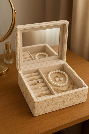 Dekoratif Kadife Takı Bijuteri Mücevher Kutusu Organizer Düzenleyici Krem Dikdörtgen