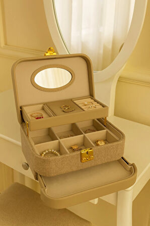 Otomatik Açılır Kapanır Kilitli 2 Çekmeceli Takı Bijuteri Mücevher Kutusu Organizer Düzenleyici Krem İthal Ürün