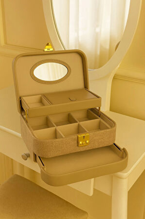 Otomatik Açılır Kapanır Kilitli 2 Çekmeceli Takı Bijuteri Mücevher Kutusu Organizer Düzenleyici Krem İthal Ürün