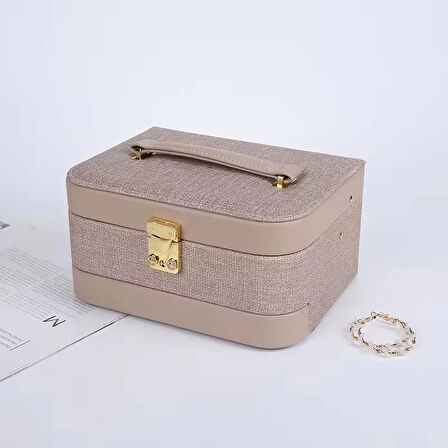 Otomatik Açılır Kapanır Kilitli 2 Çekmeceli Takı Bijuteri Mücevher Kutusu Organizer Düzenleyici Krem İthal Ürün