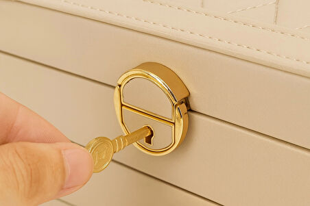 Otomatik Açılır Kapanır Kilitli 2 Çekmeceli Takı Bijuteri Mücevher Kutusu Organizer Düzenleyici Krem İthal Ürün