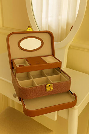 Otomatik Açılır Kapanır Kilitli 2 Çekmeceli Takı Bijuteri Mücevher Kutusu Organizer Düzenleyici Kahverengi İthal Ürün