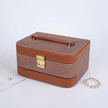 Otomatik Açılır Kapanır Kilitli 2 Çekmeceli Takı Bijuteri Mücevher Kutusu Organizer Düzenleyici Kahverengi İthal Ürün