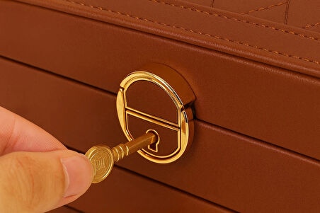 Otomatik Açılır Kapanır Kilitli 2 Çekmeceli Takı Bijuteri Mücevher Kutusu Organizer Düzenleyici Kahverengi İthal Ürün