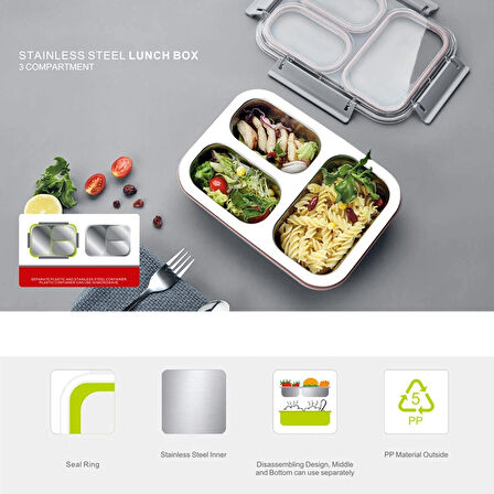 3 Bölmeli Paslanmaz Çelik Sızdırmaz Saklama Kabı Beslenme Kabı 1,2 Lt. Yeşil İthal Ürün