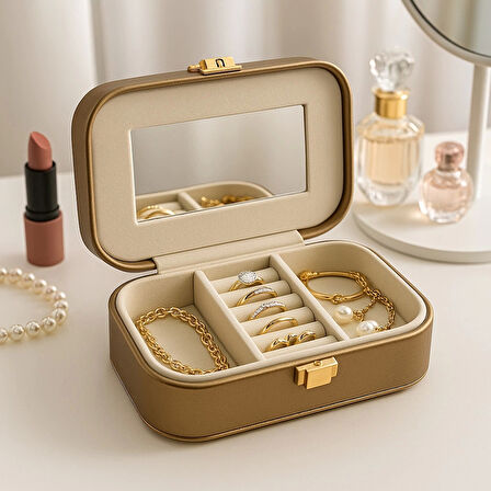 Deri Mini Seyahat Takı Bijuteri Mücevher Kutusu Organizer Düzenleyici 15cm Bronz İthal Ürün