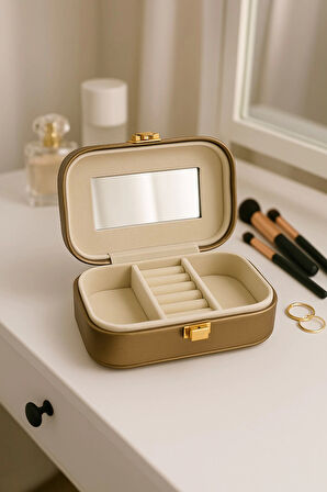 Deri Mini Seyahat Takı Bijuteri Mücevher Kutusu Organizer Düzenleyici 15cm Bronz İthal Ürün