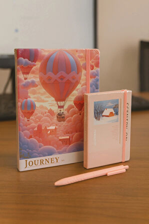 2 Adet Ajanda Çizgili Not Defteri-Uçlu Kalem Hediyeli Pembe Balon