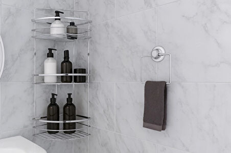 Banyo Köşe Rafı 3 Katlı Şampuanlık Vidalı + Vakumlu Kare Havluluk Krom 2 li Set