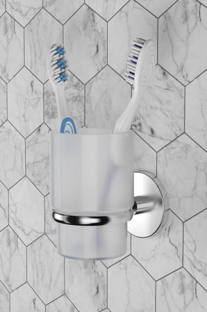 Paslanmaz Krom Diş Fırçalık Plastik Hazneli Yapışkan İle Duvara Monte