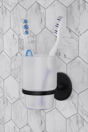 Paslanmaz Mat Siyah Diş Fırçalık Plastik Hazneli Yapışkan İle Duvara Monte