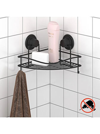 Vakumlu Banyo Duvar Rafı Şampuanlık Kancalı Köşe Rafı Siyah