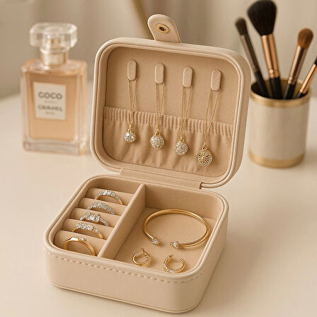 Deri Mini Baklava Desenli Seyahat Takı Bijuteri Mücevher Kutusu Organizer Düzenleyici 11,5cm Krem İthal Ürün