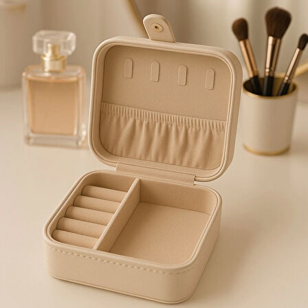 Deri Mini Baklava Desenli Seyahat Takı Bijuteri Mücevher Kutusu Organizer Düzenleyici 11,5cm Krem İthal Ürün